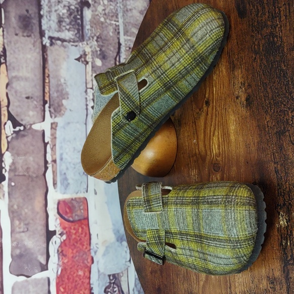 Birki's "Woodby" Cork Footbed Plaid Felt Clogs - Picture 2 of 12